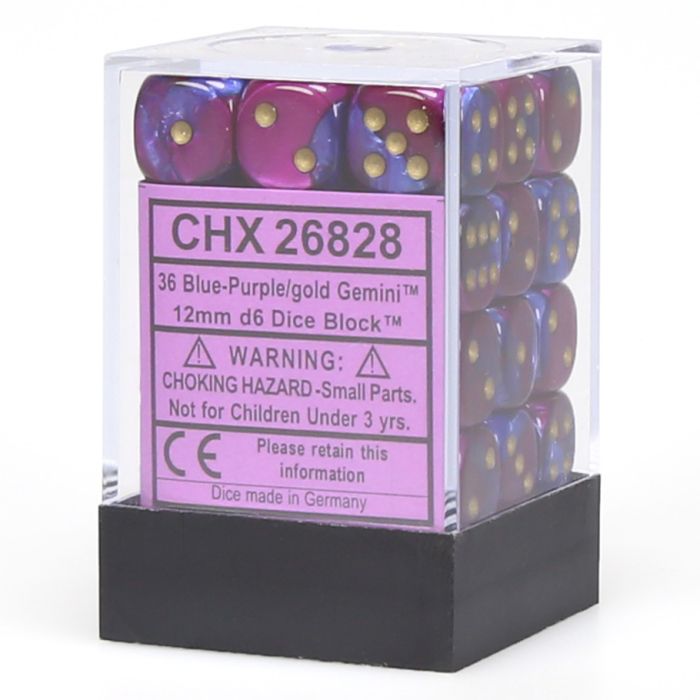 D6 Cube 12mm Gemini Blue And Purple With Gold (12) - Cats In Hat Inc.