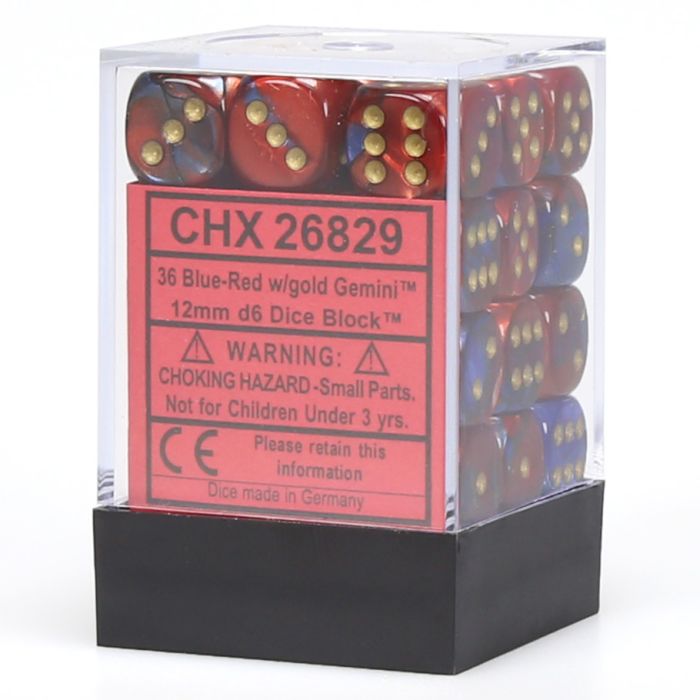 D6 Cube 12mm Gemini Blue And Red With Gold (12) - Cats In Hat Inc.