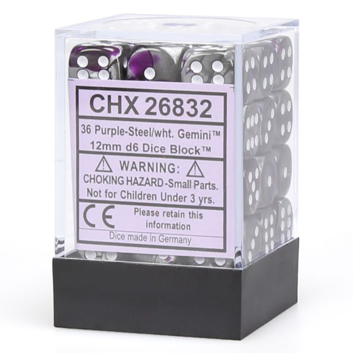 D6 Cube 12mm Gemini Purple And Steel With White (36) - Cats In Hat Inc.