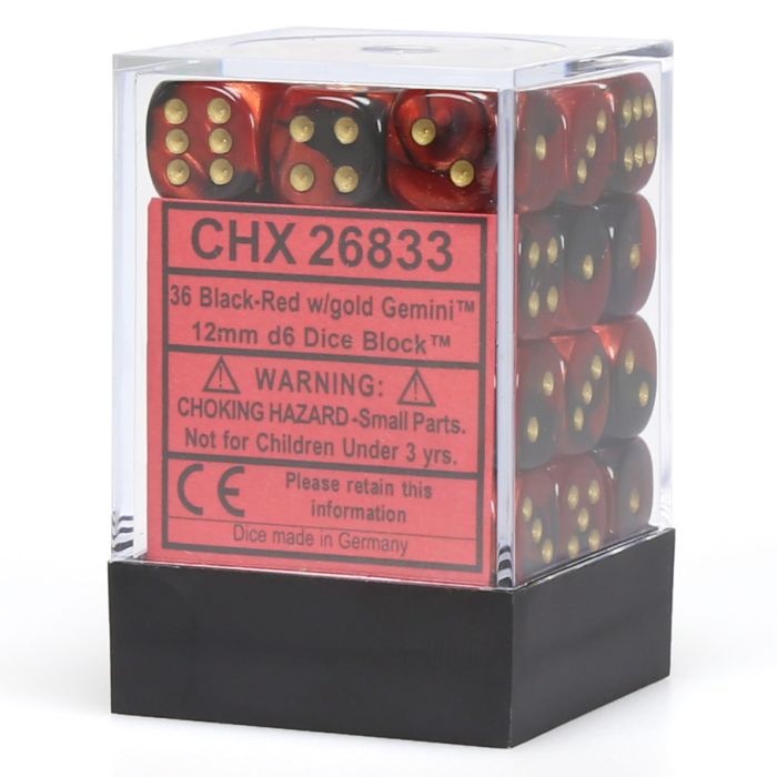 D6 Cube 12mm Gemini Black And Red With Gold (12) - Cats In Hat Inc.