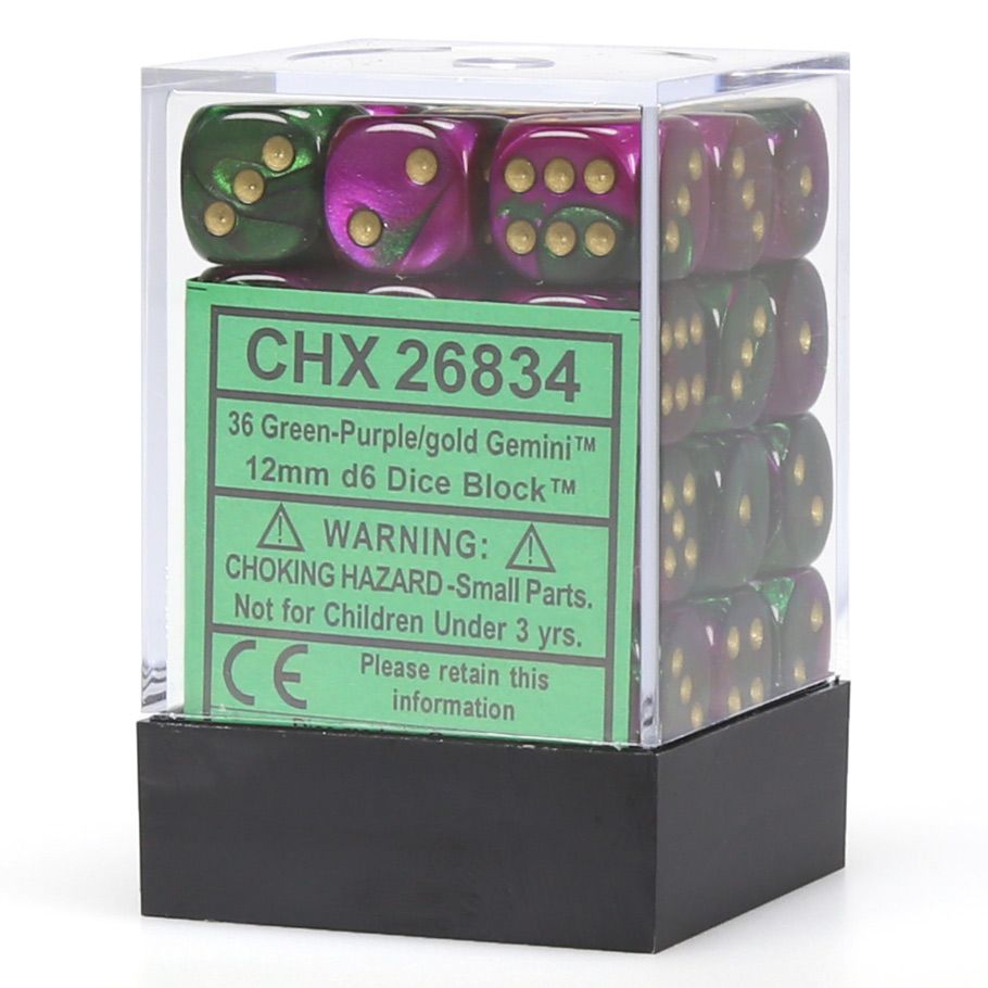 d6 Cube 12mm Gemini Green and Purple with Gold (12) By Chessex Manufacturing