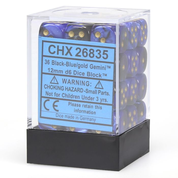 D6 Cube 12mm Gemini Black And Blue With Gold (36) - Cats In Hat Inc.