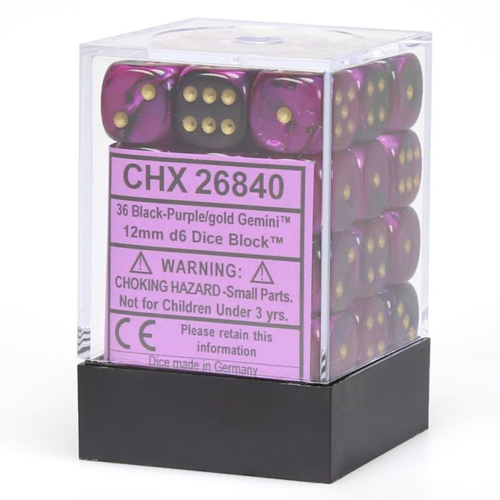 D6 Cube 12mm Gemini Black And Purple With Gold (36) - Cats In Hat Inc.