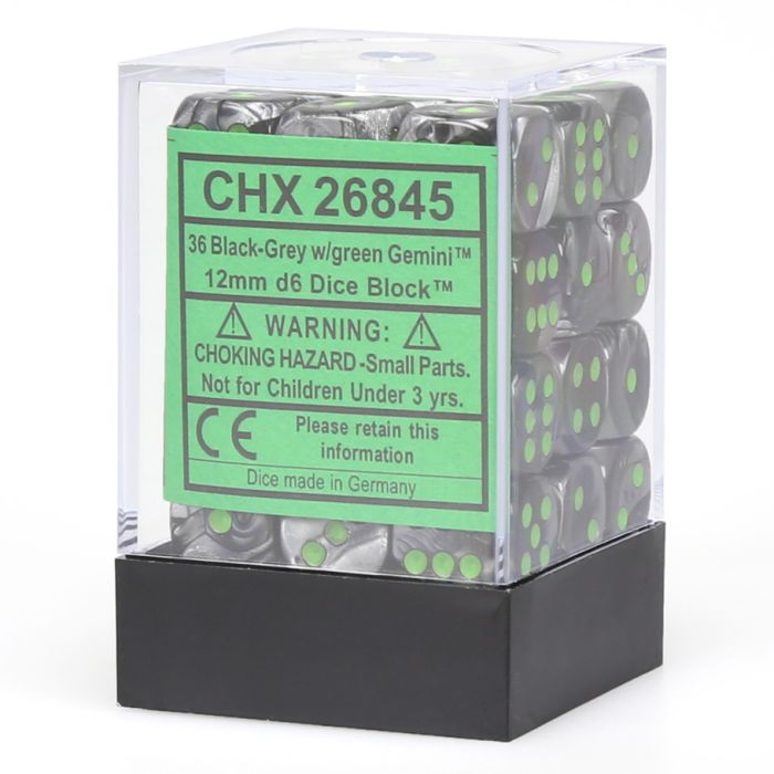 D6 Cube 12mm Gemini Black And Grey With Green (36) - Cats In Hat Inc.