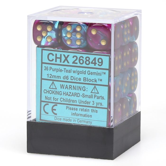 D6 Cube 12mm Gemini Purple And Teal With Gold (36) - Cats In Hat Inc.