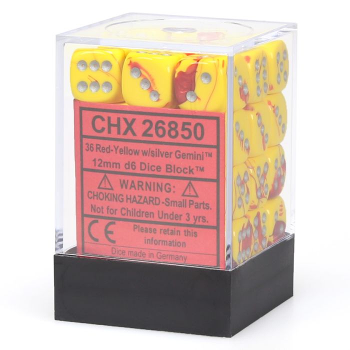 D6 Cube 12mm Gemini Red And Yellow With Silver - Cats In Hat Inc.
