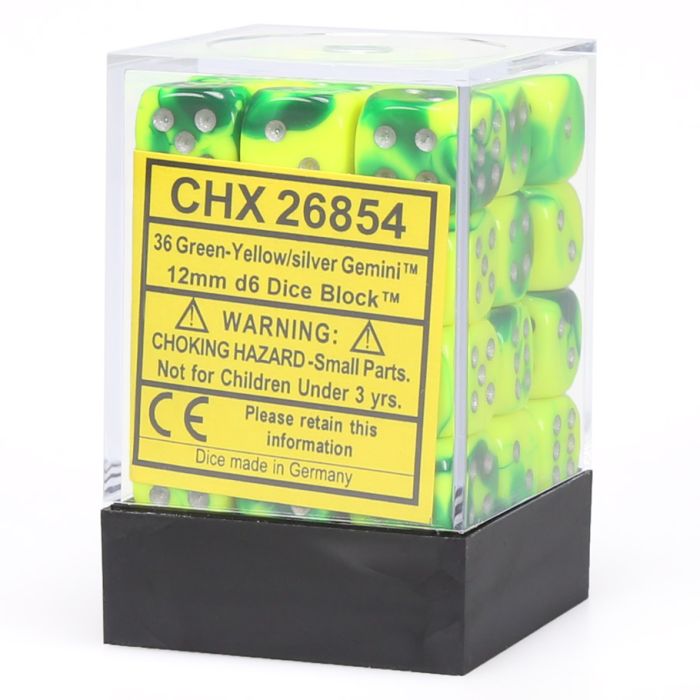D6 Cube 12mm Gemini Green And Yellow With Silver (36) - Cats In Hat Inc.
