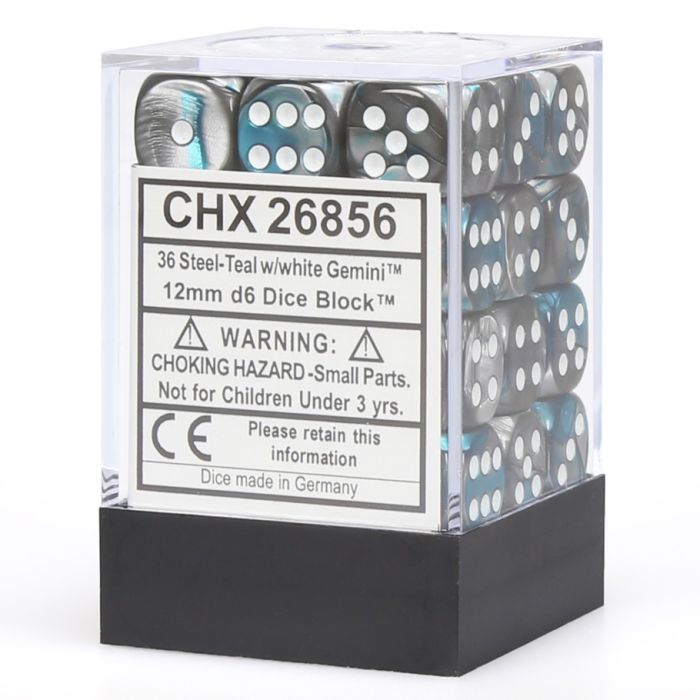 D6 Cube 12mm Gemini Steel And Teal With White (12) - Cats In Hat Inc.