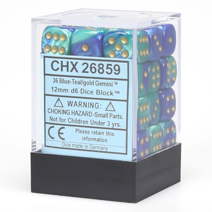 D6 Cube 12mm Gemini Blue And Teal With Gold (36) - Cats In Hat Inc.