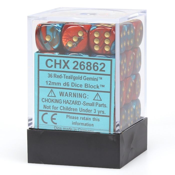 D6 Cube 12mm Gemini Red And Teal With Gold (12) - Cats In Hat Inc.