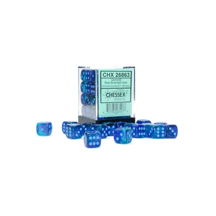 D6 Cube 16mm Gemini Luminary Blue-Blue With Light Blue (36) - Cats In Hat Inc.