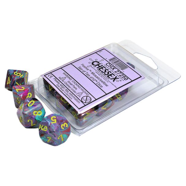 d10 Clamshell Festive Mosaic with Yellow (10) By Chessex Manufacturing