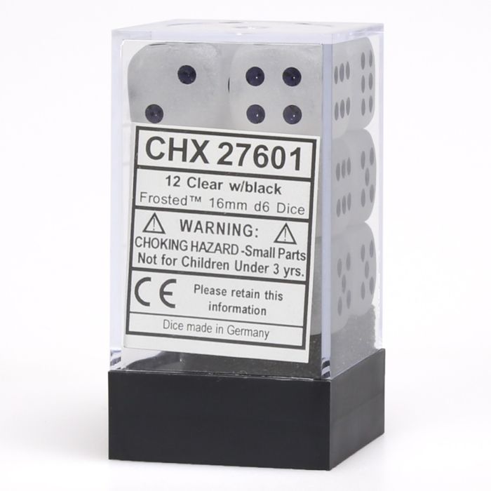 D6 Cube 16mm Frosted Clear With Black (12) - Cats In Hat Inc.