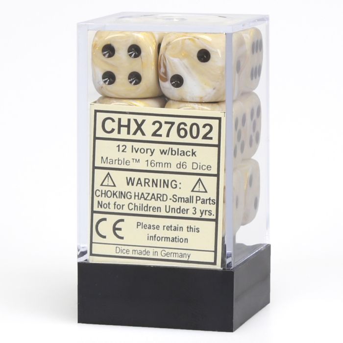 D6 Cube 16mm Marble Ivory With Black (12) - Cats In Hat Inc.