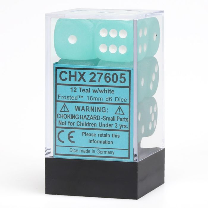 D6 Cube 16mm Frosted Teal With White (12) - Cats In Hat Inc.