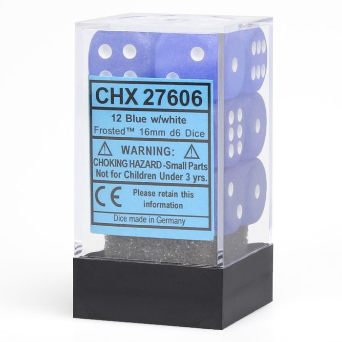 D6 Cube 16mm Frosted Blue With White (12) - Cats In Hat Inc.