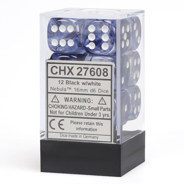 D6 Cube 16mm Nebula Black With White (12) - Cats In Hat Inc.