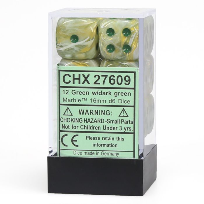 D6 Cube 16mm Marble Green With Dark Green (12) - Cats In Hat Inc.