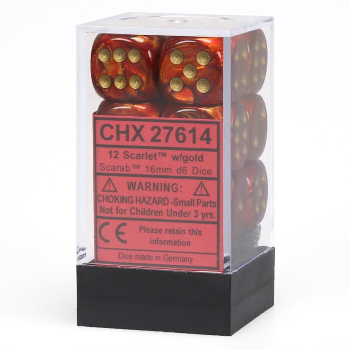 D6 Cube 16mm Scarab Scarlet With Gold (12) - Cats In Hat Inc.