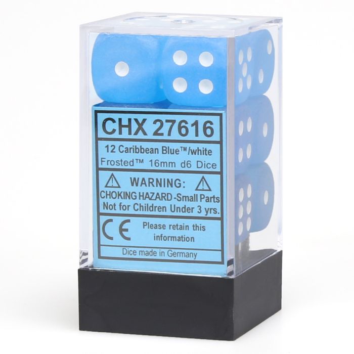 D6 Cube 16mm Frosted Caribbean Blue With White (12) - Cats In Hat Inc.