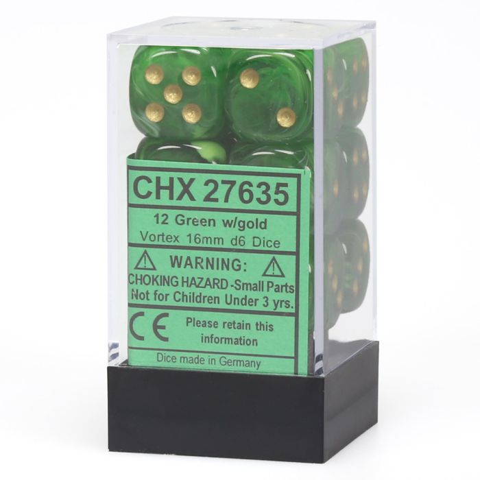 D6 Cube 16mm Vortex Green With Gold (12) - Cats In Hat Inc.