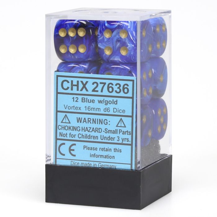 D6 Cube 16mm Vortex Blue With Gold (12) - Cats In Hat Inc.