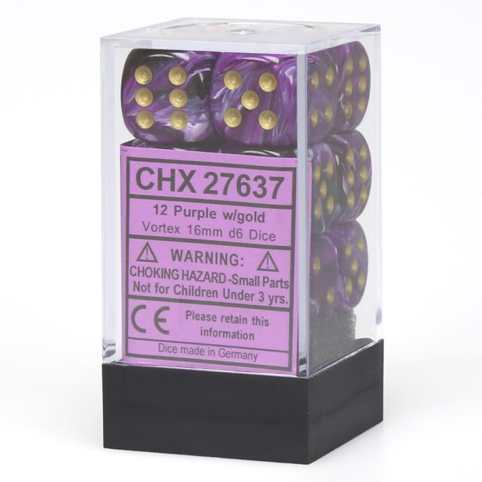 D6 Cube 16mm Vortex Purple With Gold (12) - Cats In Hat Inc.