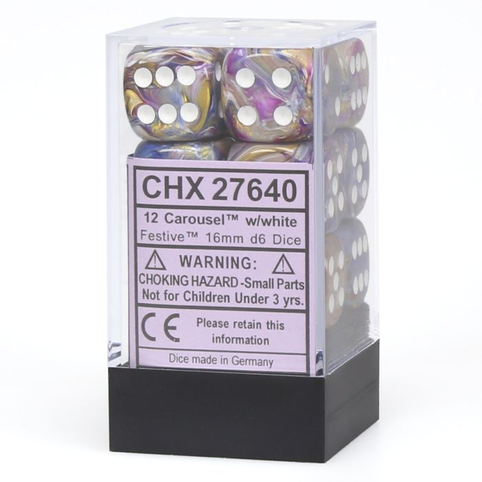D6 Cube 16mm Festive Carousel With White (12) - Cats In Hat Inc.
