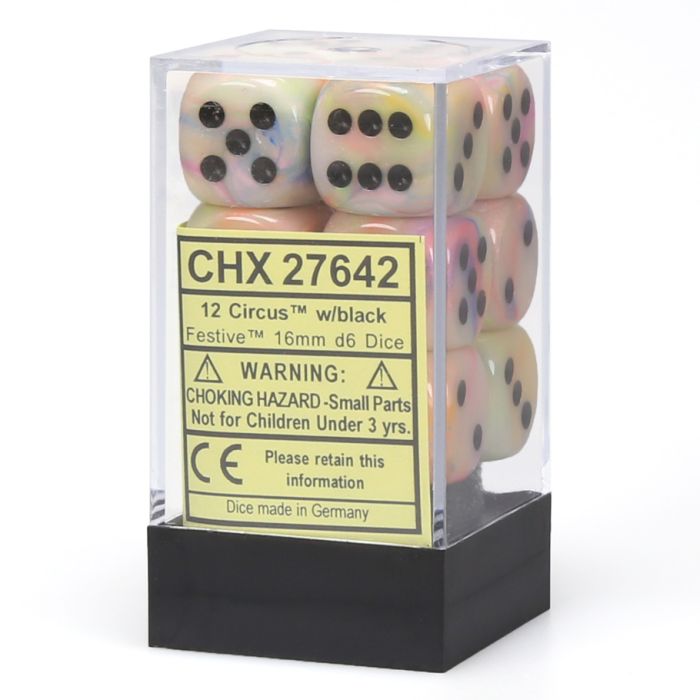 D6 Cube 16mm Festive Circus With Black (12) - Cats In Hat Inc.