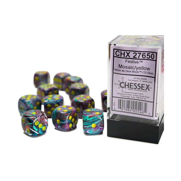 D6 Cube 16mm Festive Mosaic With Yellow (12) - Cats In Hat Inc.