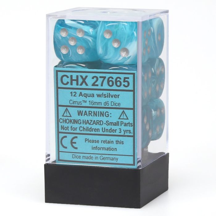 D6 Cube 16mm Cirrus Aqua With Silver (12) - Cats In Hat Inc.