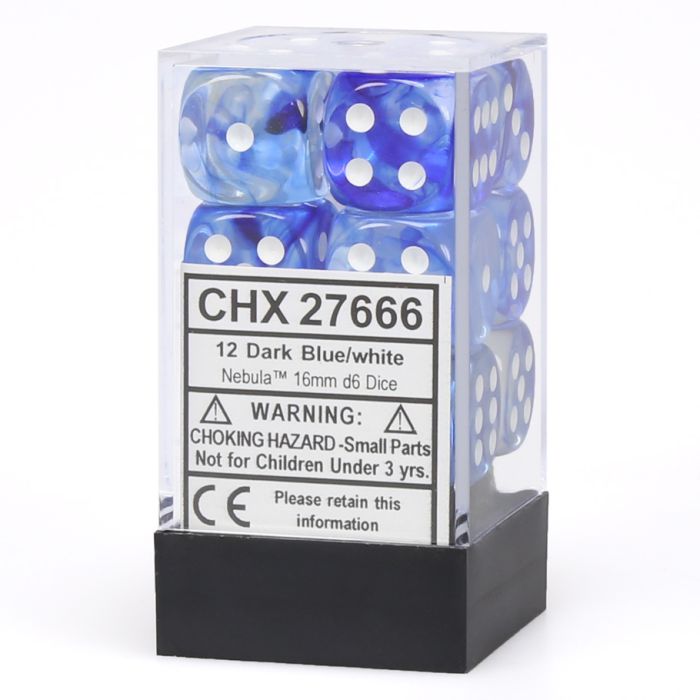 D6 Cube 16mm Nebula Dark Blue With White (12) - Cats In Hat Inc.