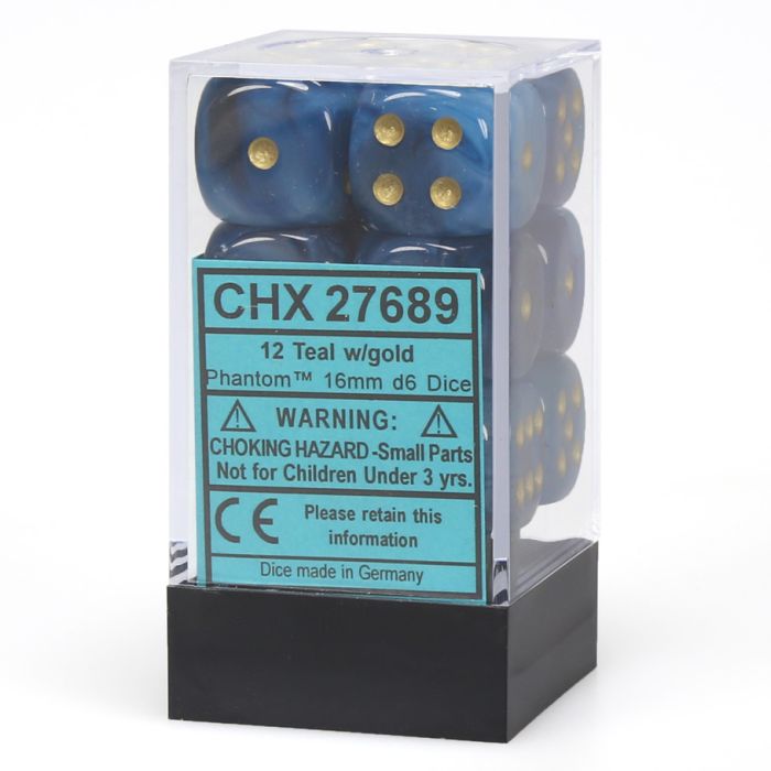 D6 Cube 16mm Phantom Teal With Gold (12) - Cats In Hat Inc.