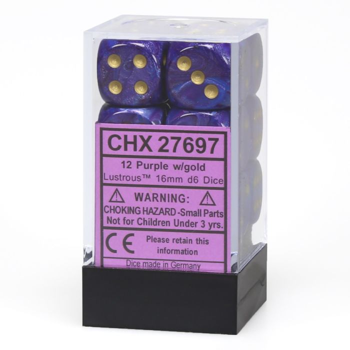 D6 Cube 16mm Lustrous Purple With Gold (12) - Cats In Hat Inc.