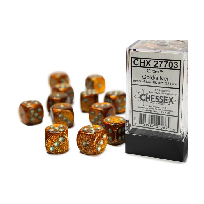 D6 Cube 16mm Glitter Gold With Silver (12) - Cats In Hat Inc.