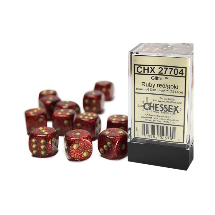 D6 Cube 16mm Glitter Ruby With Gold (12) - Cats In Hat Inc.