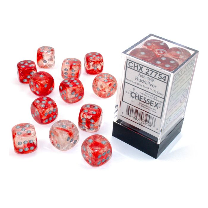 D6 Cube 16mm Luminary Nebula Red With Silver (12) - Cats In Hat Inc.