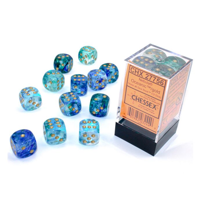 D6 Cube 16mm Luminary Nebula Oceanic With Gold (12) - Cats In Hat Inc.