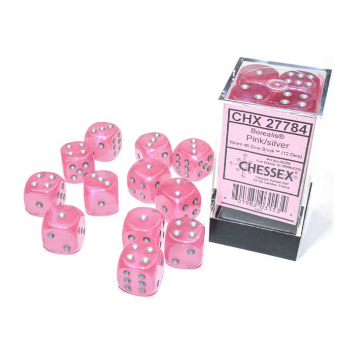 D6 Cube 16mm Borealis Luminary Pink With Silver (12) - Cats In Hat Inc.