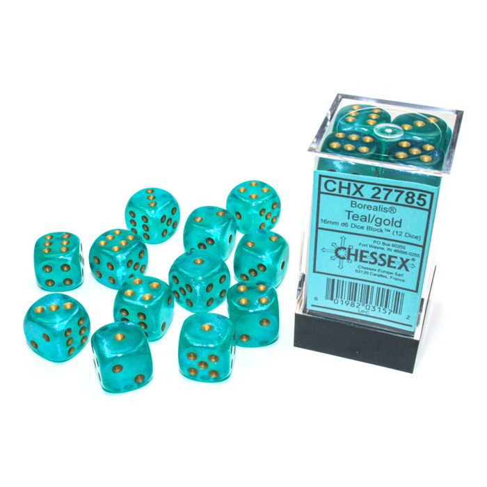 D6 Cube 16mm Borealis Luminary Teal With Gold (12) - Cats In Hat Inc.