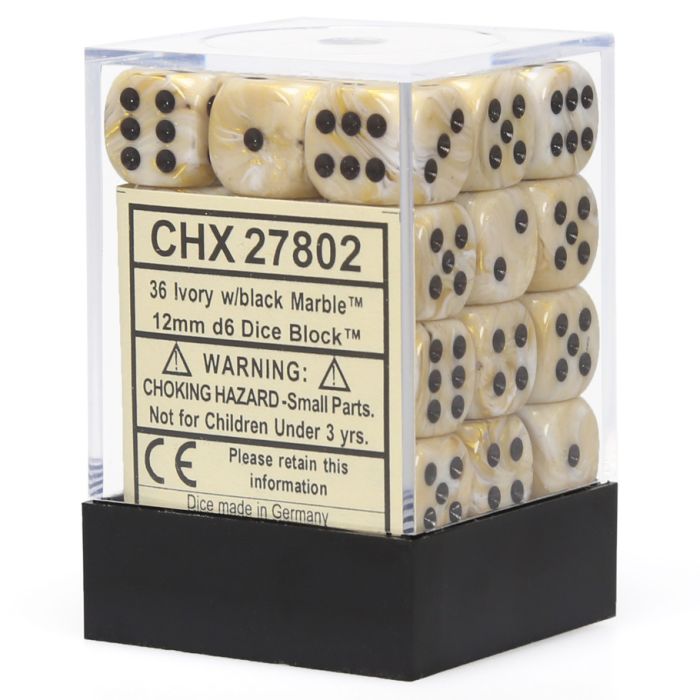 D6 Cube 12mm Marble Ivory With Black (36) - Cats In Hat Inc.