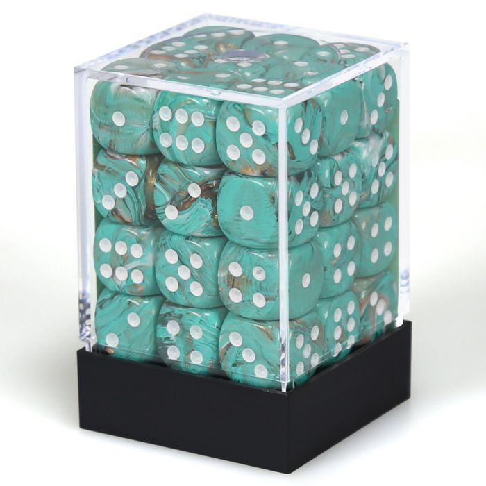 D6 Cube 12mm Marble Oxi-Copper With White (36) - Cats In Hat Inc.