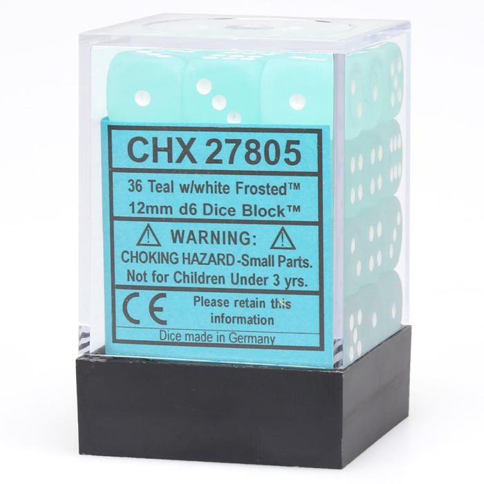 D6 Cube 12mm Frosted Teal With White (36) - Cats In Hat Inc.