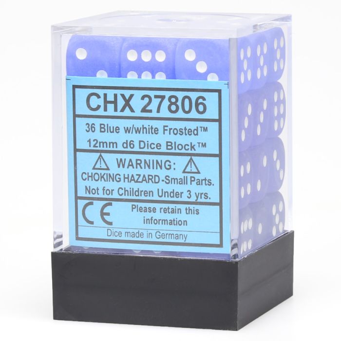 D6 Cube 12mm Frosted Blue With White (36) - Cats In Hat Inc.