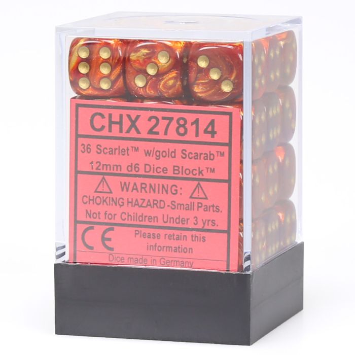 D6 Cube 12mm Scarab Scarlet With Gold (36) - Cats In Hat Inc.