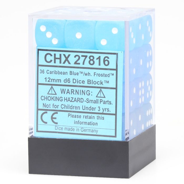 D6 Cube 12mm Frosted Caribbean Blue With White (36) - Cats In Hat Inc.