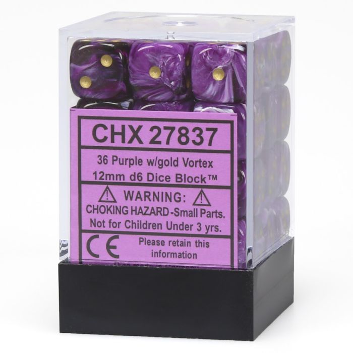 D6 Cube 12mm Vortex Purple With Gold (36) - Cats In Hat Inc.