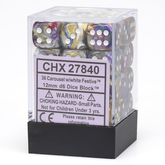 D6 Cube 12mm Festive Carousel With White (36) - Cats In Hat Inc.