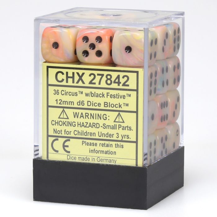 D6 Cube 12mm Festive Circus With Black (36) - Cats In Hat Inc.