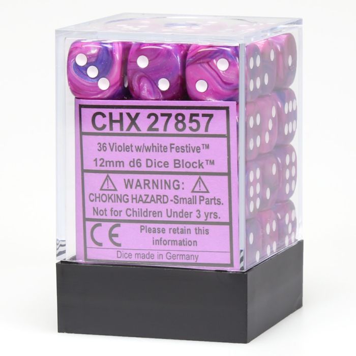 D6 Cube 12mm Festive Violet With White (36) - Cats In Hat Inc.